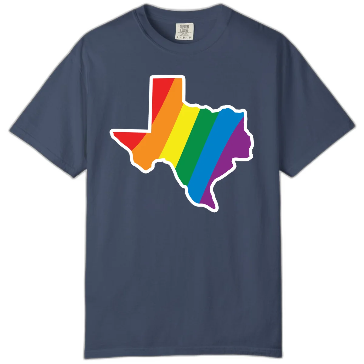 Texas state map filled with diagonal rainbow pride flag stripes in red, orange, yellow, green, blue, and purple with white border in Midnight