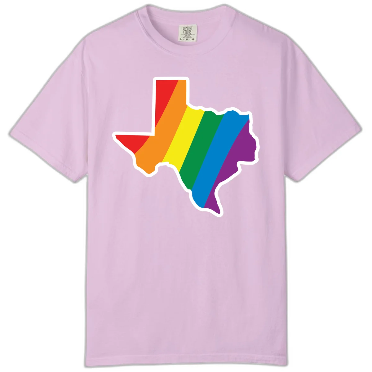 Texas state map filled with diagonal rainbow pride flag stripes in red, orange, yellow, green, blue, and purple with white border in Orchid