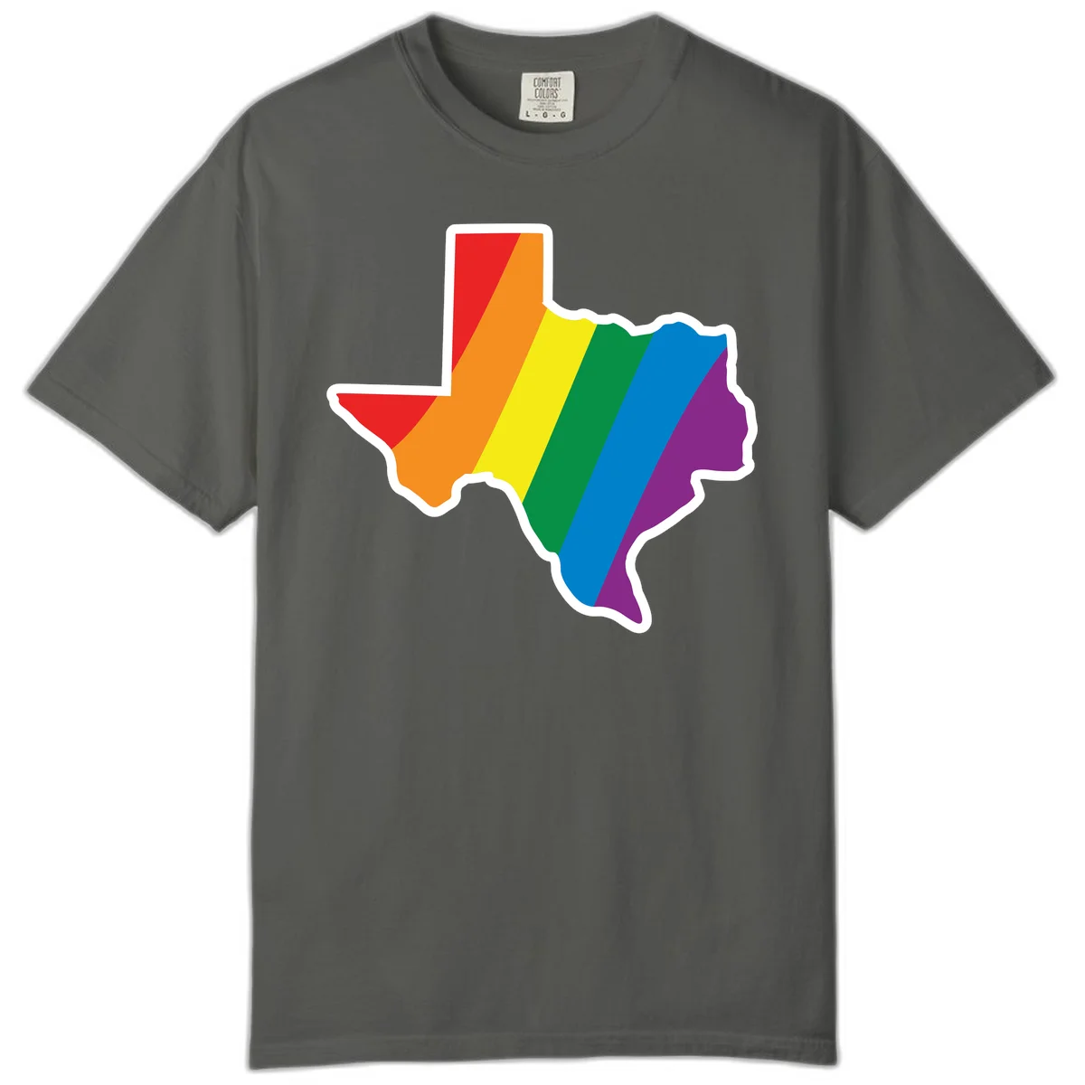 Texas state map filled with diagonal rainbow pride flag stripes in red, orange, yellow, green, blue, and purple with white border in Pepper