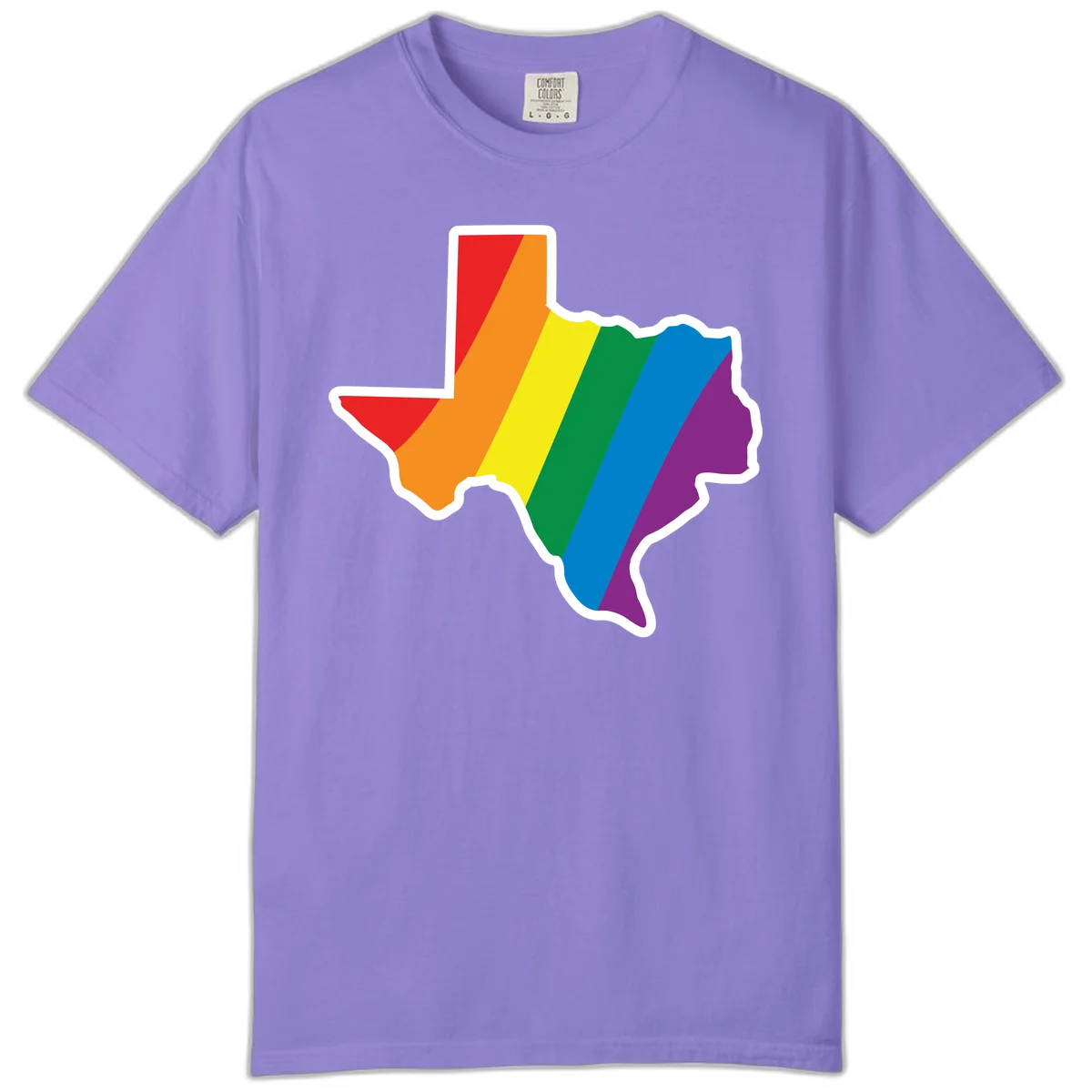Texas state map filled with diagonal rainbow pride flag stripes in red, orange, yellow, green, blue, and purple with white border in Violet