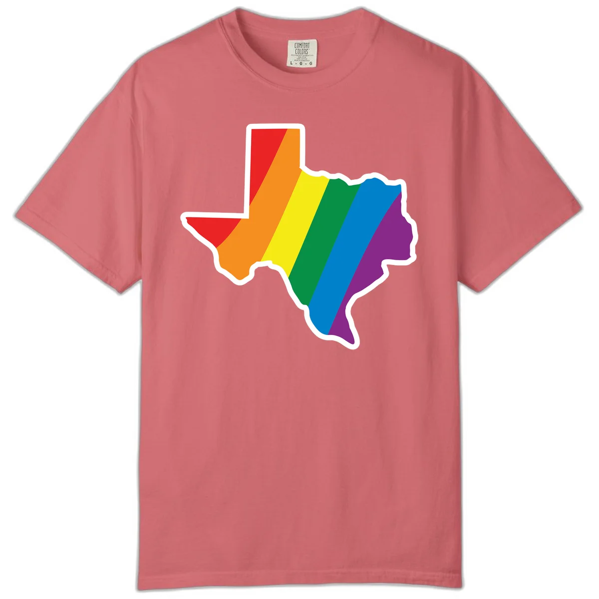 Texas state map filled with diagonal rainbow pride flag stripes in red, orange, yellow, green, blue, and purple with white border in Watermelon