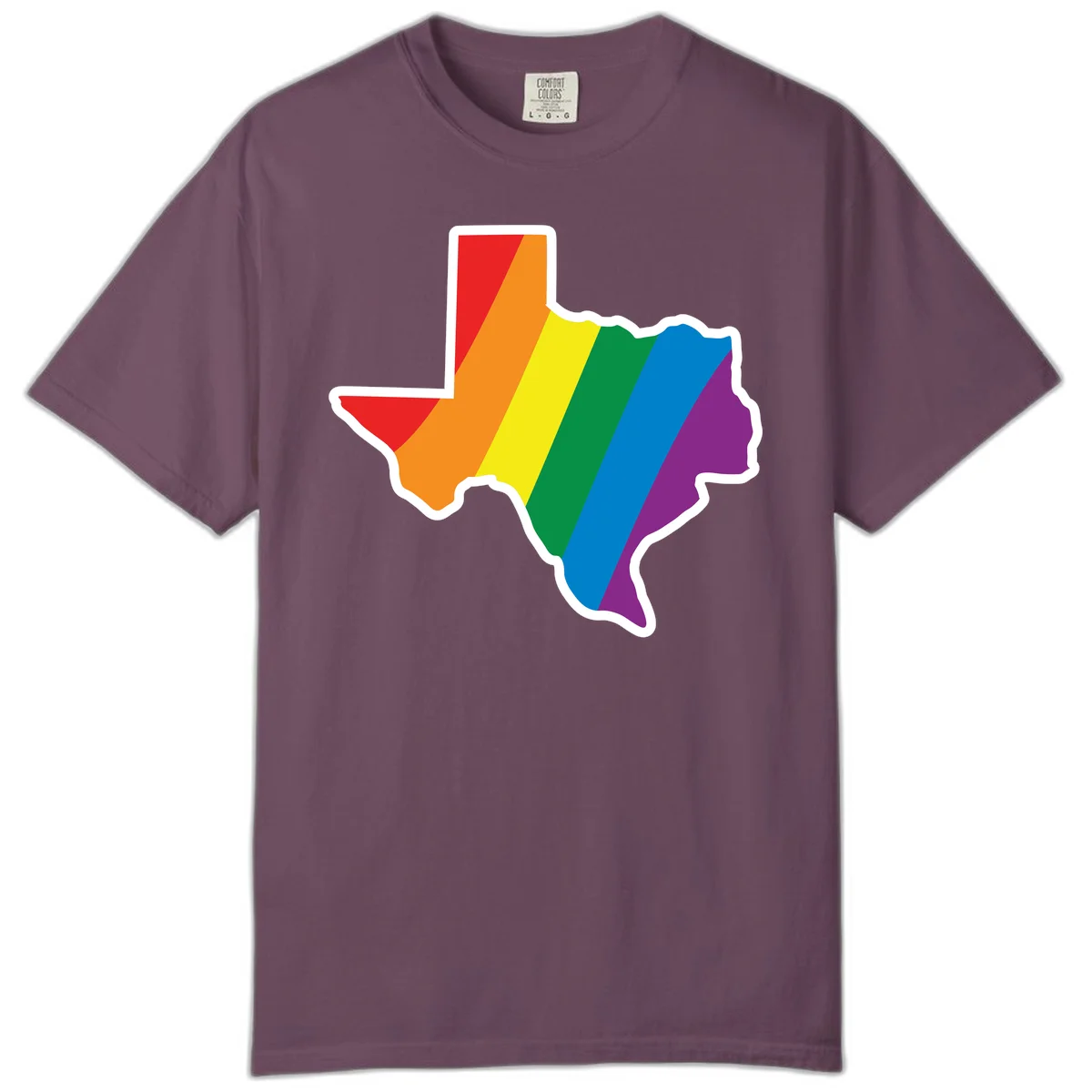 Texas state map filled with diagonal rainbow pride flag stripes in red, orange, yellow, green, blue, and purple with white border in Berry