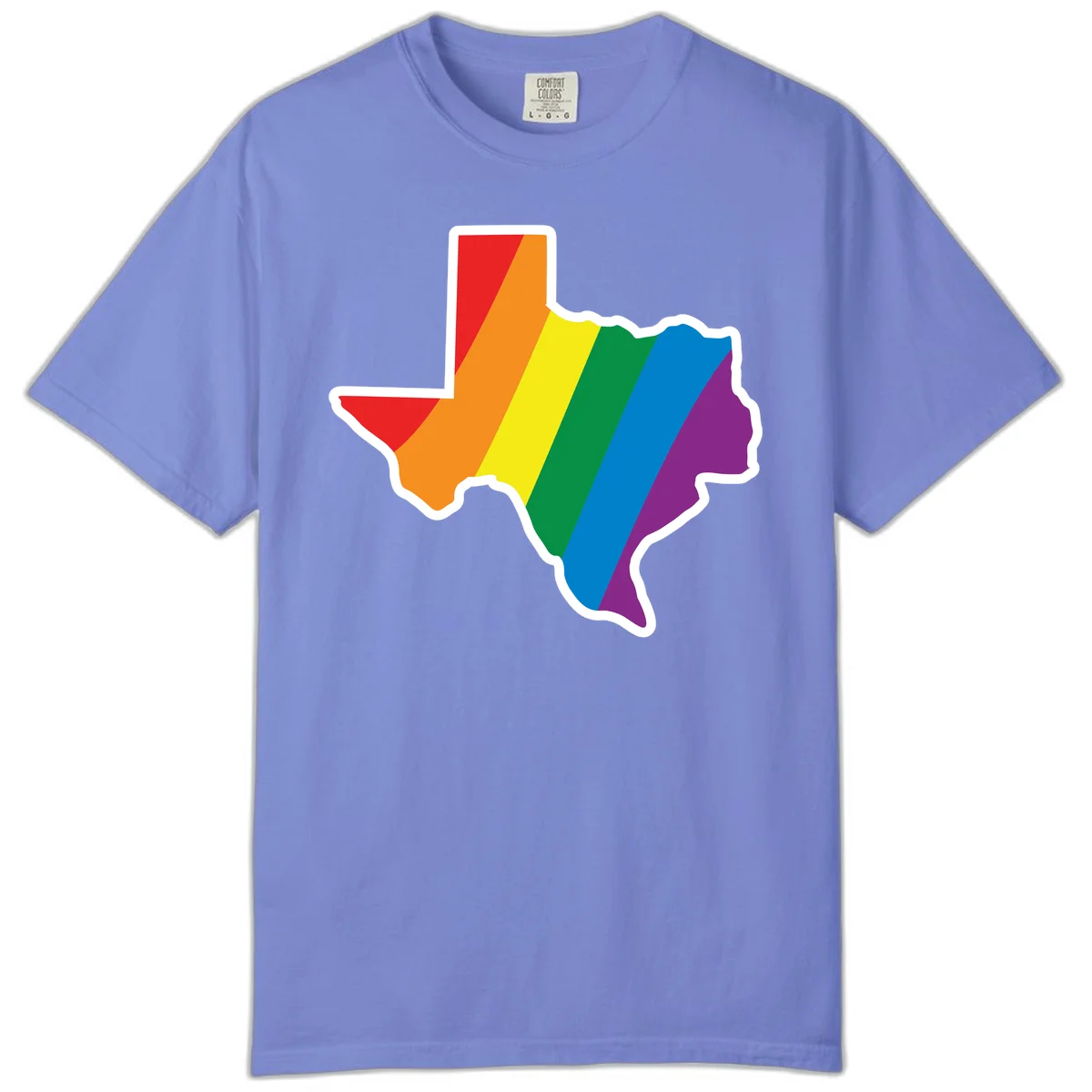 Texas state map filled with diagonal rainbow pride flag stripes in red, orange, yellow, green, blue, and purple with white border in Flo Blue