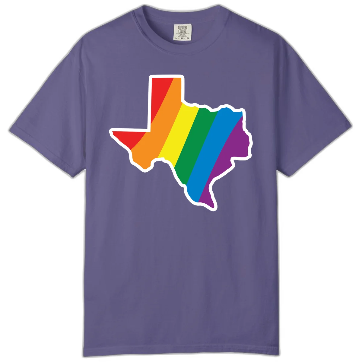 Texas state map filled with diagonal rainbow pride flag stripes in red, orange, yellow, green, blue, and purple with white border in Grape