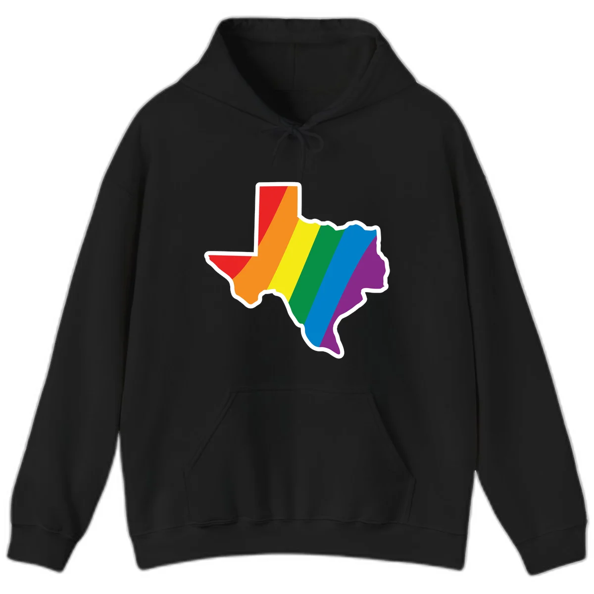 Texas state map filled with diagonal rainbow pride flag stripes in red, orange, yellow, green, blue, and purple with white border in Black