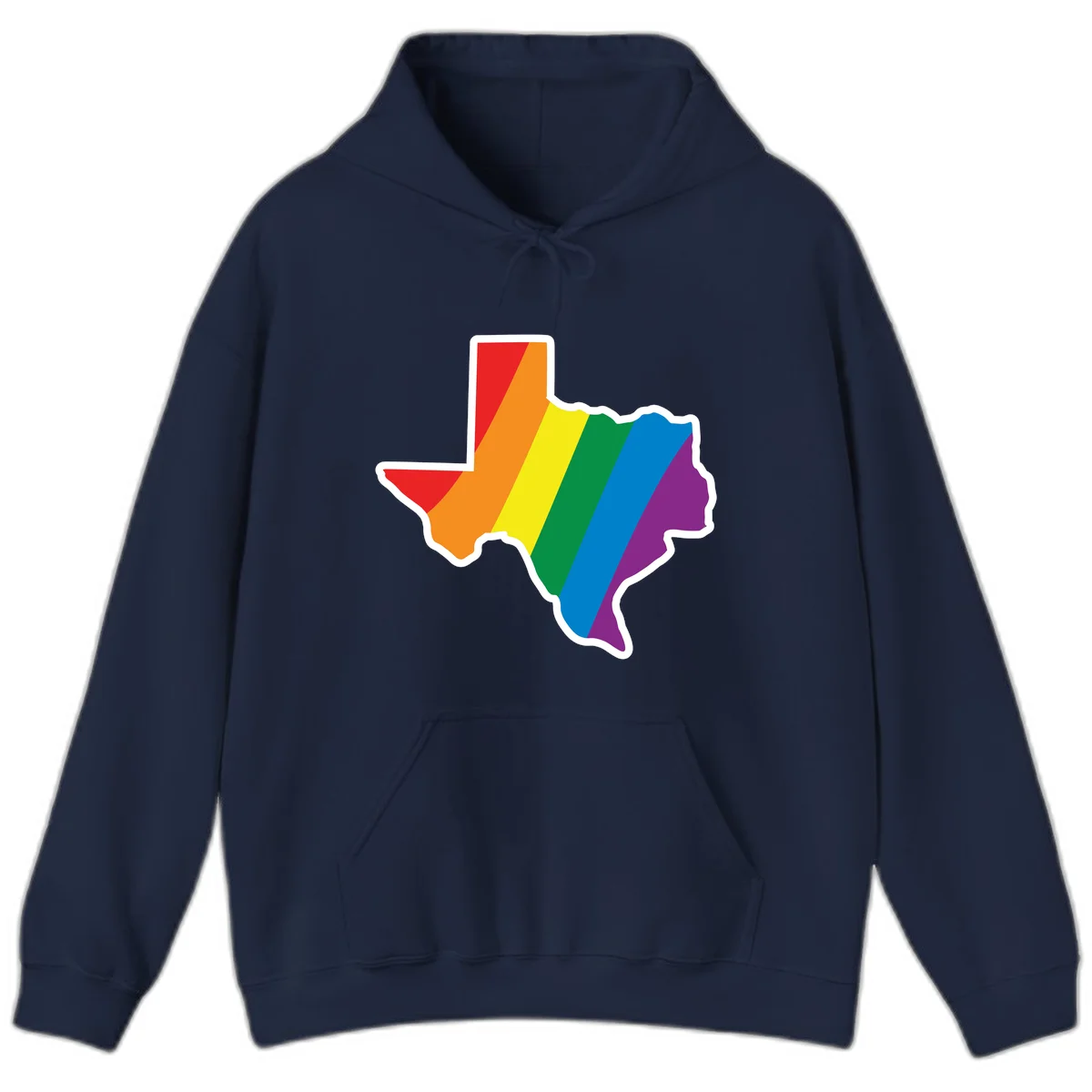 Texas state map filled with diagonal rainbow pride flag stripes in red, orange, yellow, green, blue, and purple with white border in Navy