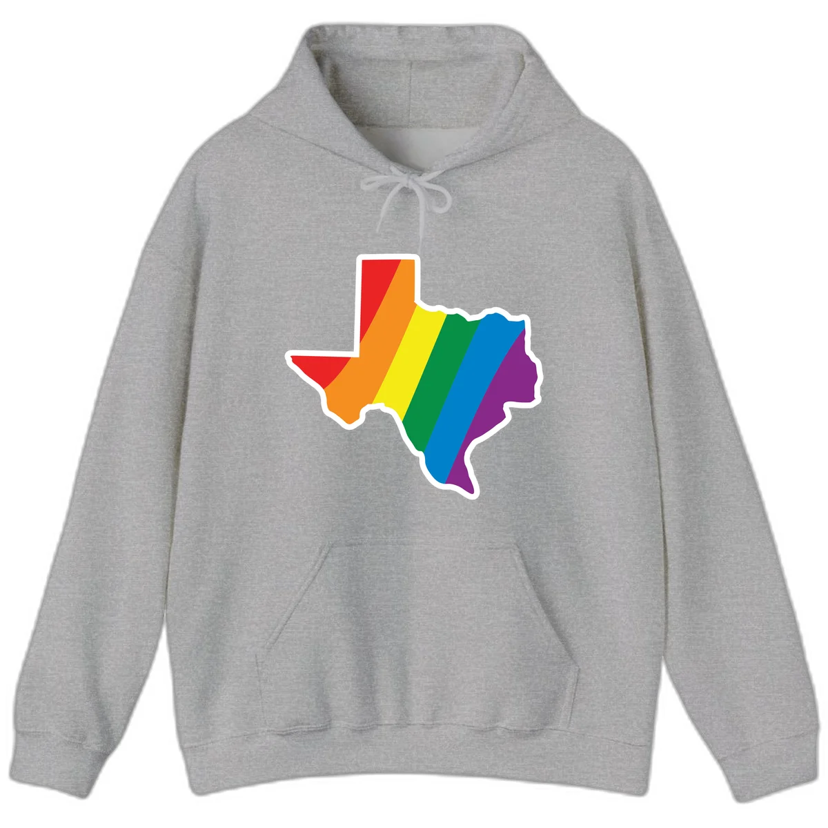 Texas state map filled with diagonal rainbow pride flag stripes in red, orange, yellow, green, blue, and purple with white border in Sport Grey