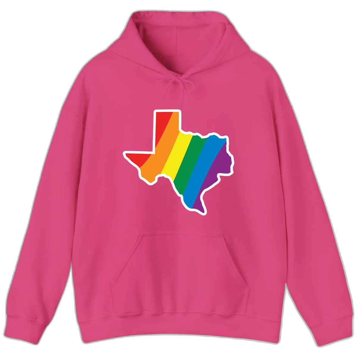Texas state map filled with diagonal rainbow pride flag stripes in red, orange, yellow, green, blue, and purple with white border in Heliconia