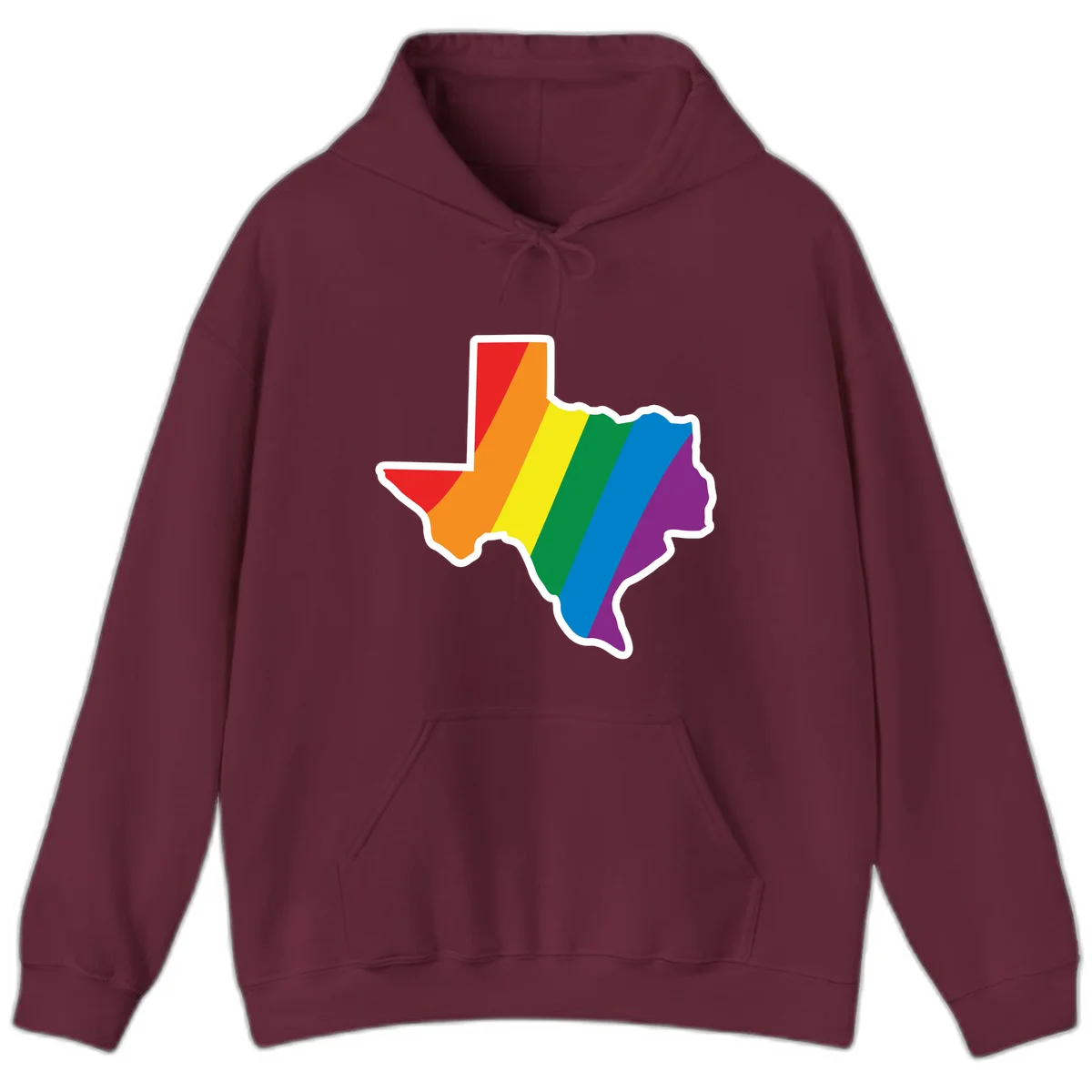 Texas state map filled with diagonal rainbow pride flag stripes in red, orange, yellow, green, blue, and purple with white border in Maroon