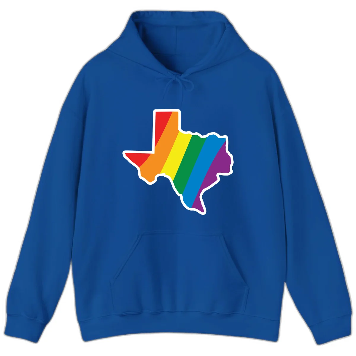 Texas state map filled with diagonal rainbow pride flag stripes in red, orange, yellow, green, blue, and purple with white border in Royal