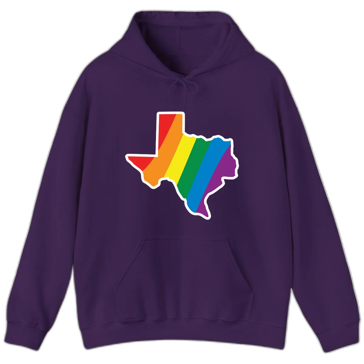 Texas state map filled with diagonal rainbow pride flag stripes in red, orange, yellow, green, blue, and purple with white border in Purple