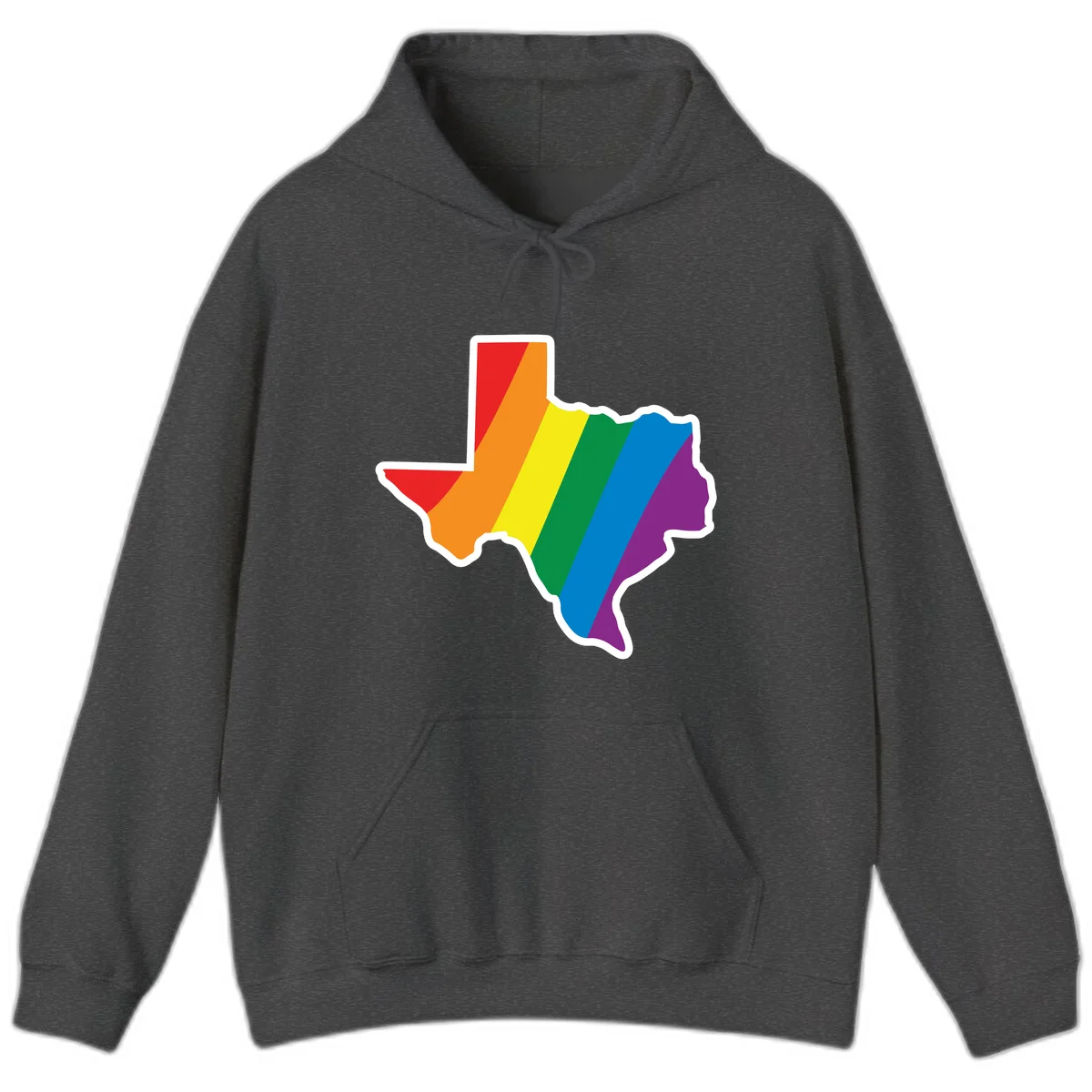 Texas state map filled with diagonal rainbow pride flag stripes in red, orange, yellow, green, blue, and purple with white border in Dark Heather