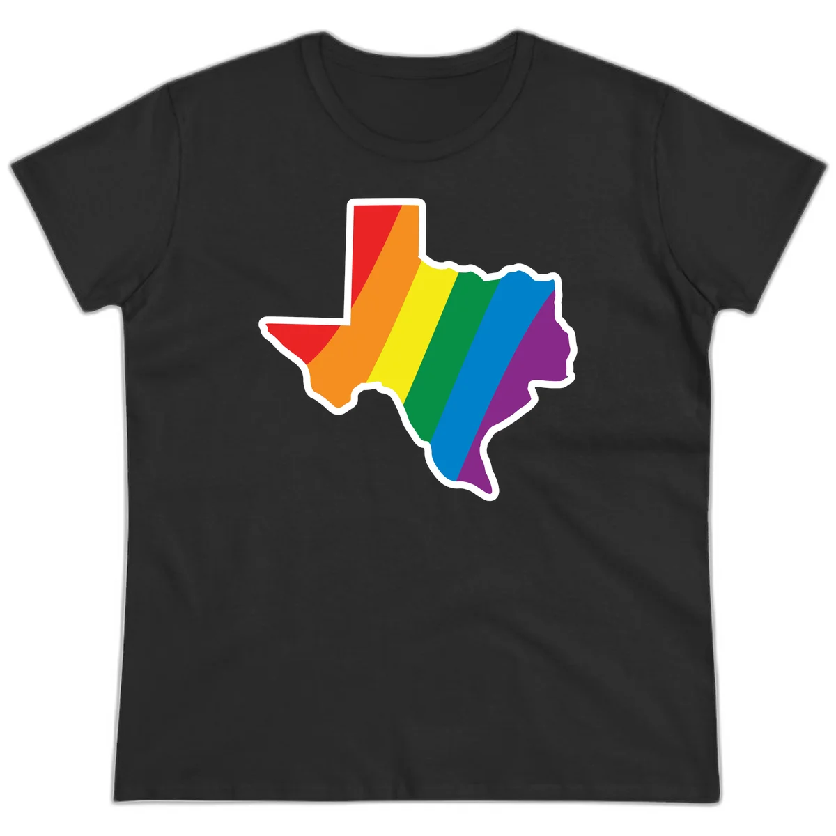 Texas state map filled with diagonal rainbow pride flag stripes in red, orange, yellow, green, blue, and purple with white border in Black