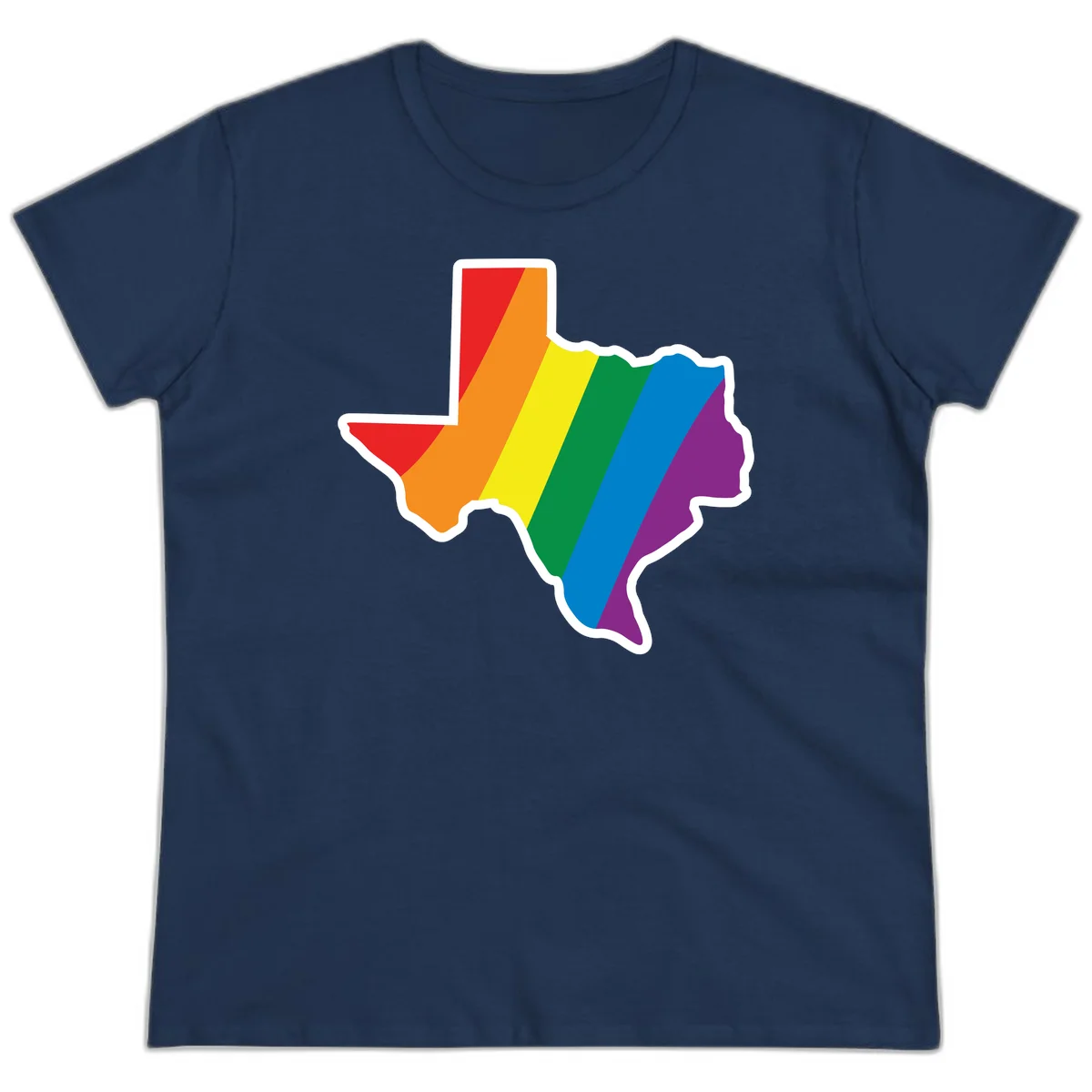 Texas state map filled with diagonal rainbow pride flag stripes in red, orange, yellow, green, blue, and purple with white border in Navy