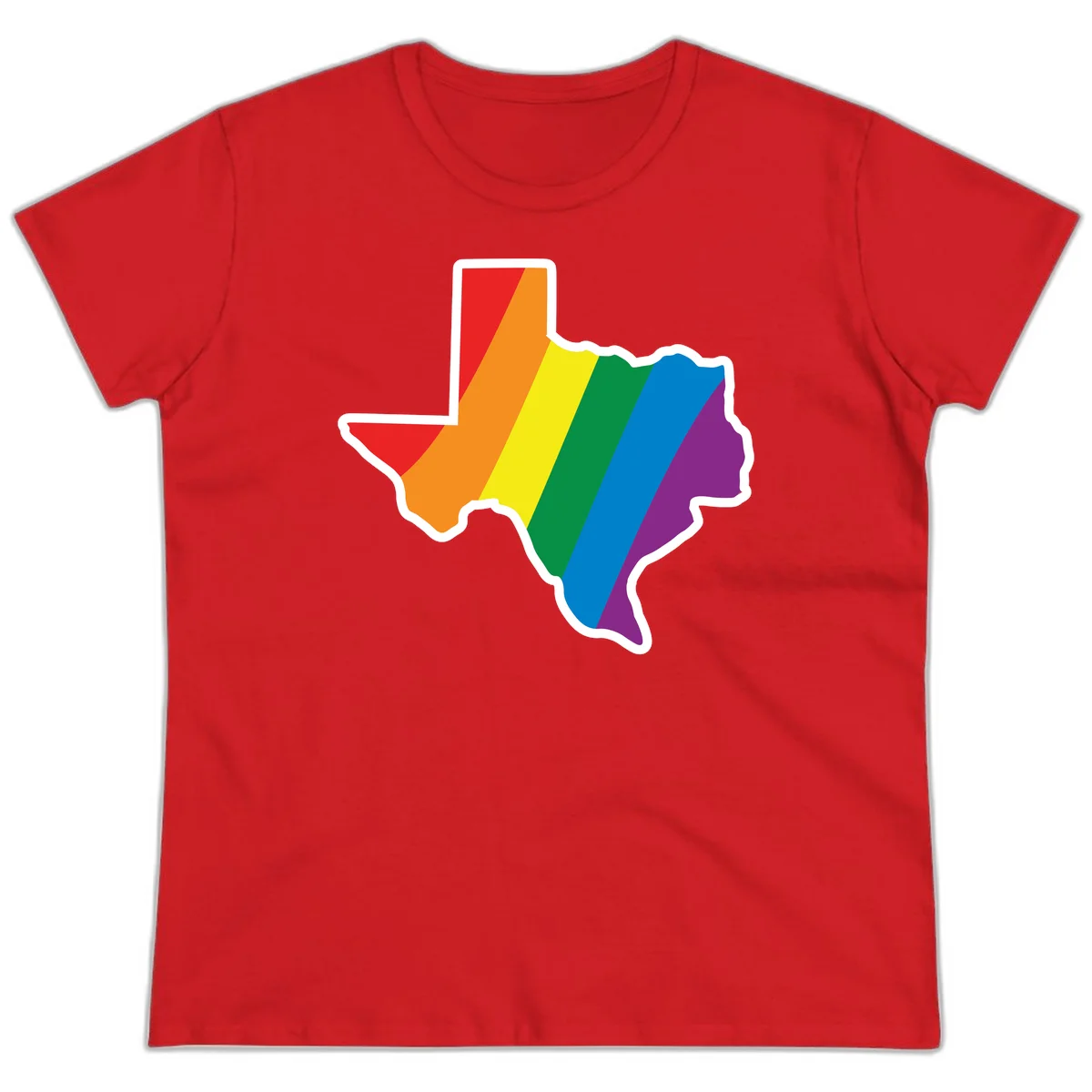 Texas state map filled with diagonal rainbow pride flag stripes in red, orange, yellow, green, blue, and purple with white border in Red