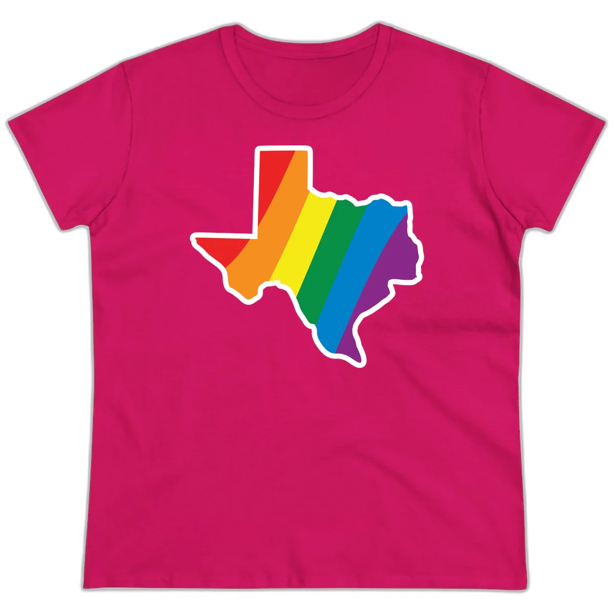 Texas state map filled with diagonal rainbow pride flag stripes in red, orange, yellow, green, blue, and purple with white border in Heliconia