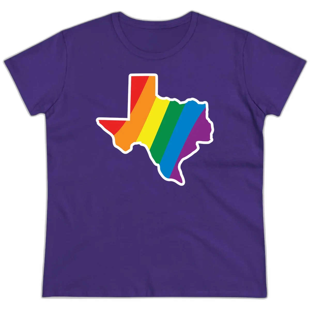 Texas state map filled with diagonal rainbow pride flag stripes in red, orange, yellow, green, blue, and purple with white border in Purple