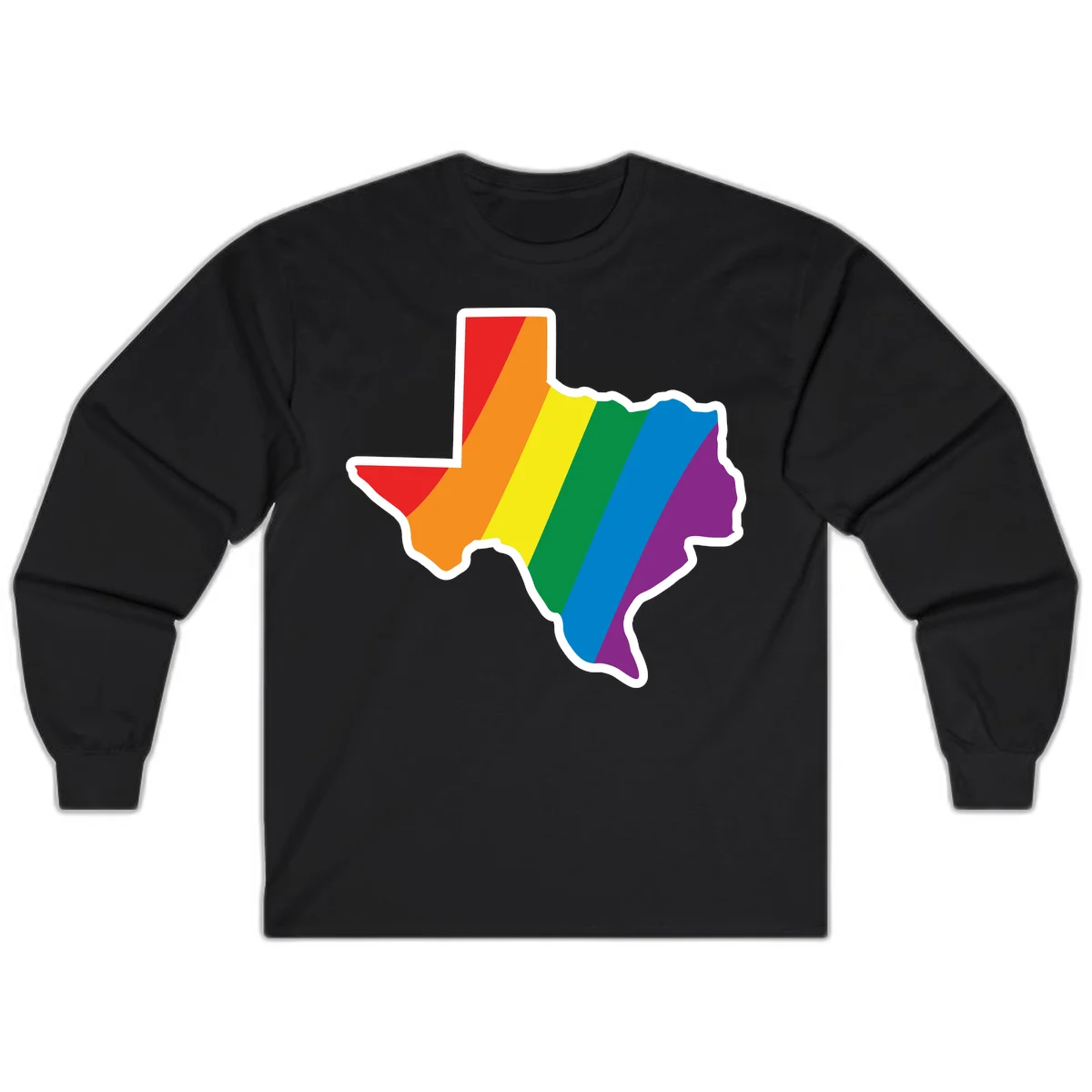Texas state map filled with diagonal rainbow pride flag stripes in red, orange, yellow, green, blue, and purple with white border in Black