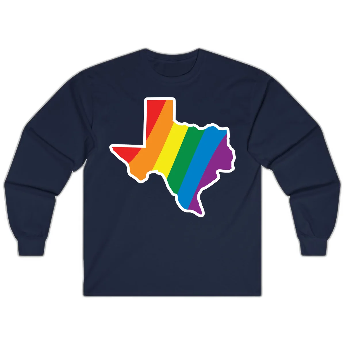 Texas state map filled with diagonal rainbow pride flag stripes in red, orange, yellow, green, blue, and purple with white border in Navy