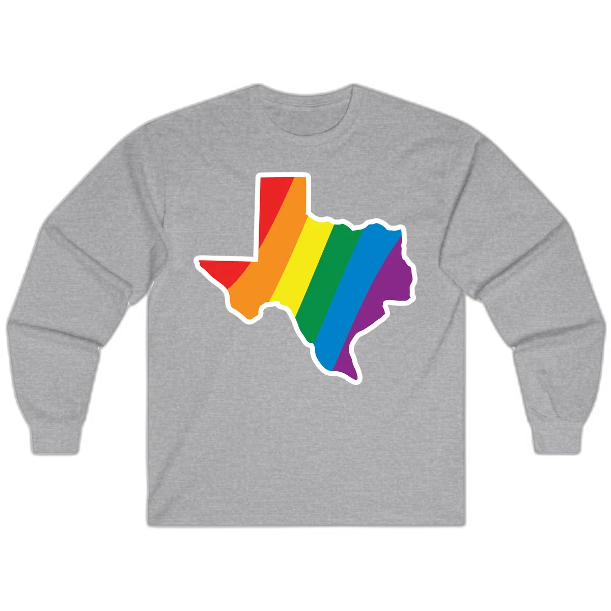 Texas state map filled with diagonal rainbow pride flag stripes in red, orange, yellow, green, blue, and purple with white border in Sport Grey