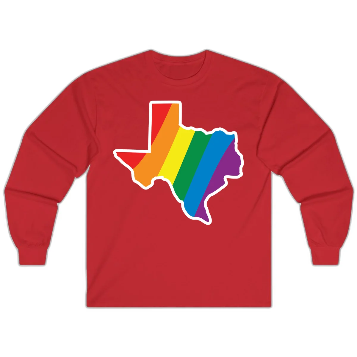 Texas state map filled with diagonal rainbow pride flag stripes in red, orange, yellow, green, blue, and purple with white border in Red