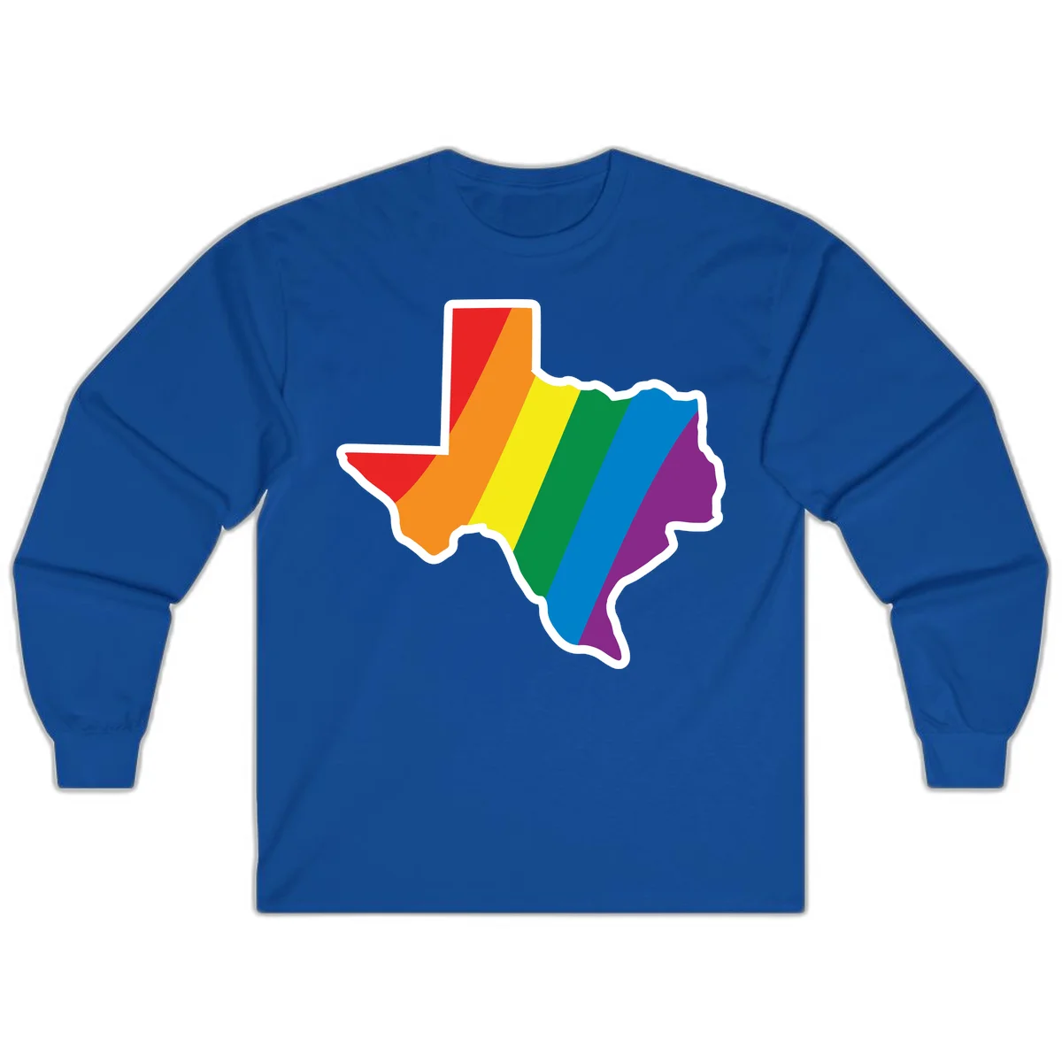 Texas state map filled with diagonal rainbow pride flag stripes in red, orange, yellow, green, blue, and purple with white border in Royal