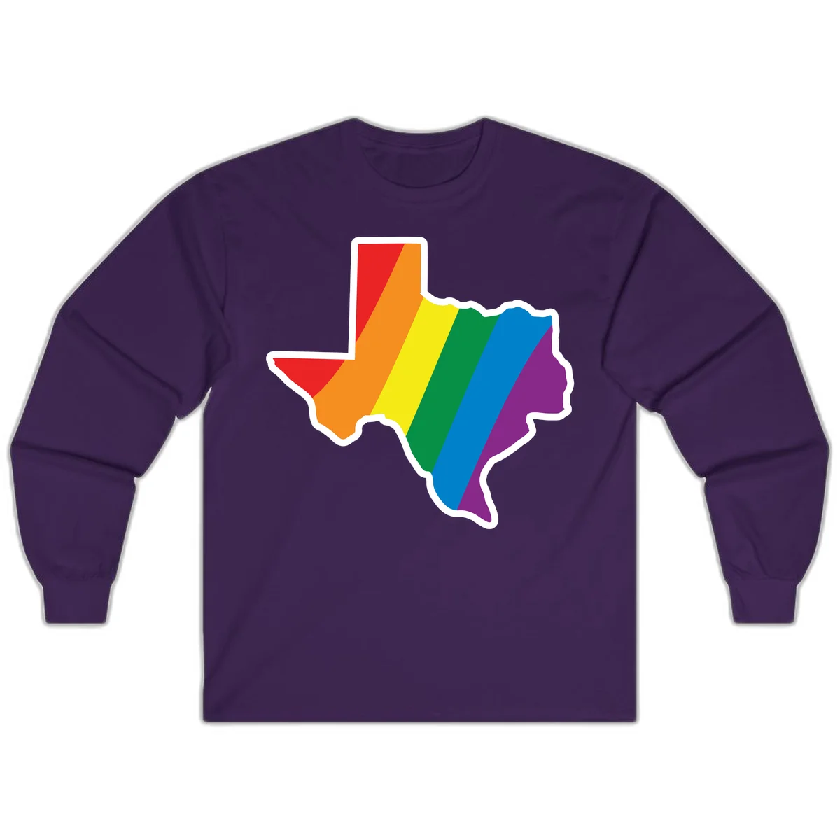 Texas state map filled with diagonal rainbow pride flag stripes in red, orange, yellow, green, blue, and purple with white border in Purple