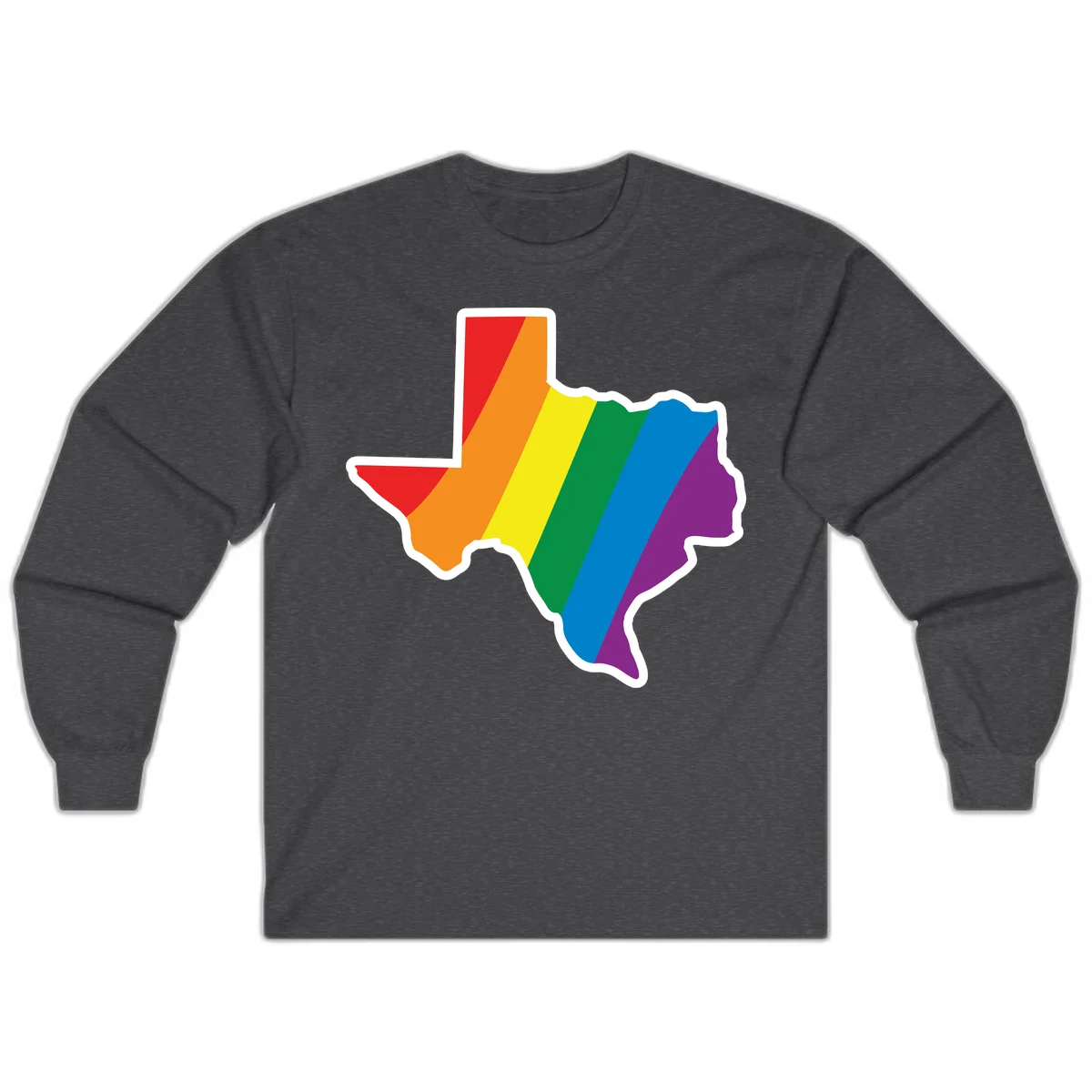 Texas state map filled with diagonal rainbow pride flag stripes in red, orange, yellow, green, blue, and purple with white border in Dark Heather