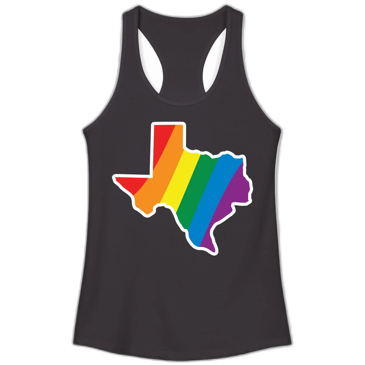 Texas state map filled with diagonal rainbow pride flag stripes in red, orange, yellow, green, blue, and purple with white border in Black