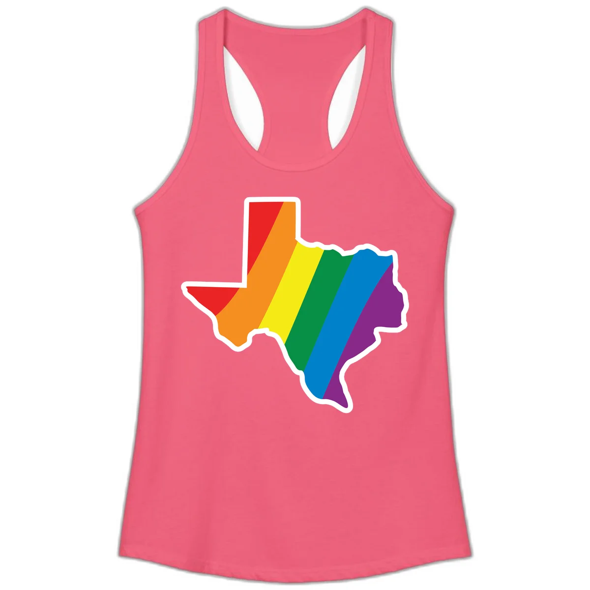 Texas state map filled with diagonal rainbow pride flag stripes in red, orange, yellow, green, blue, and purple with white border in Hot Pink