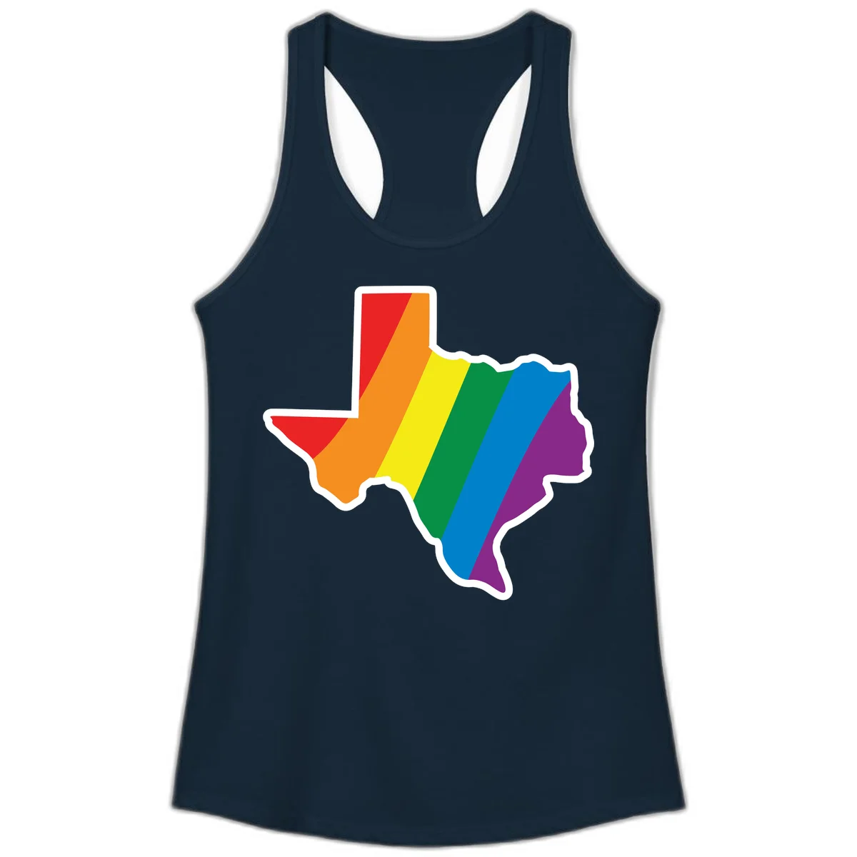 Texas state map filled with diagonal rainbow pride flag stripes in red, orange, yellow, green, blue, and purple with white border in Solid Midnight Navy