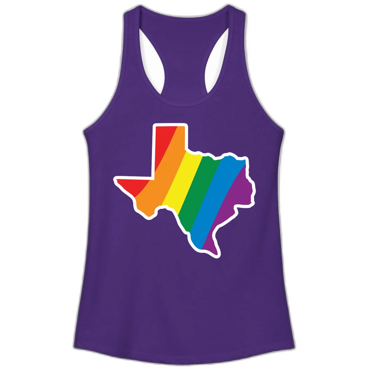 Texas state map filled with diagonal rainbow pride flag stripes in red, orange, yellow, green, blue, and purple with white border in Solid Purple Rush