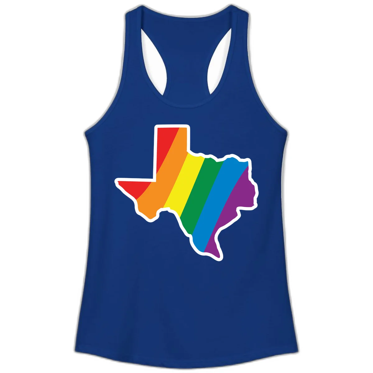 Texas state map filled with diagonal rainbow pride flag stripes in red, orange, yellow, green, blue, and purple with white border in Solid Royal
