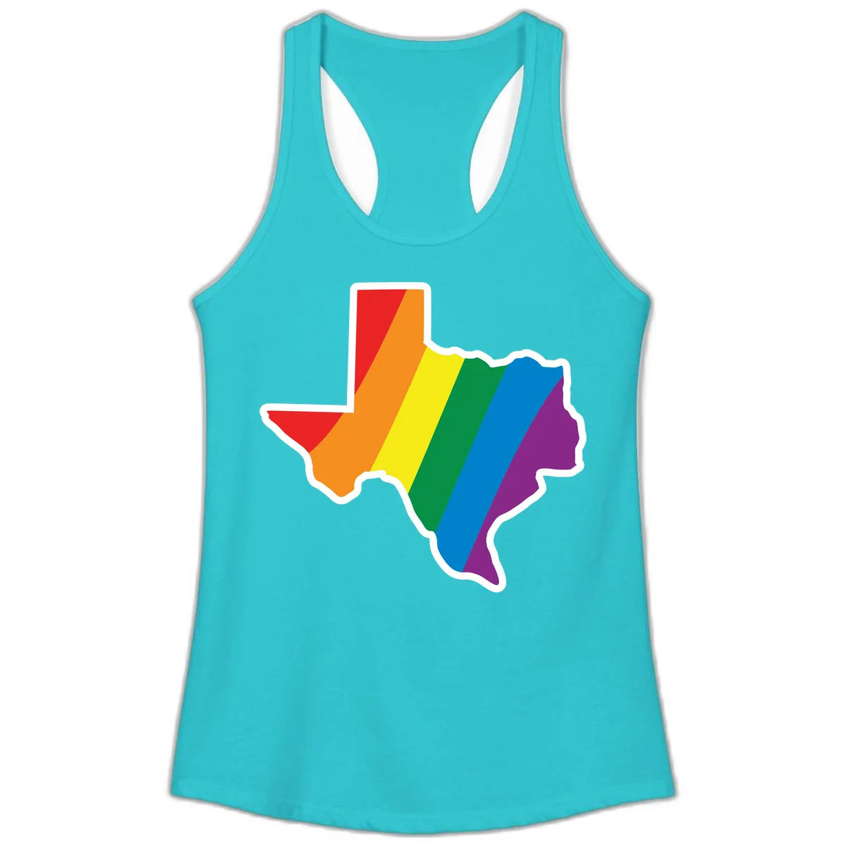 Texas state map filled with diagonal rainbow pride flag stripes in red, orange, yellow, green, blue, and purple with white border in Solid Tahiti Blue