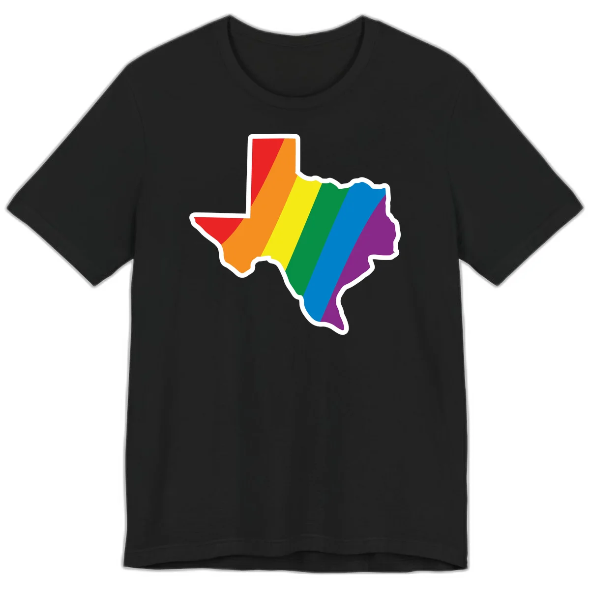 Texas state map filled with diagonal rainbow pride flag stripes in red, orange, yellow, green, blue, and purple with white border in Black