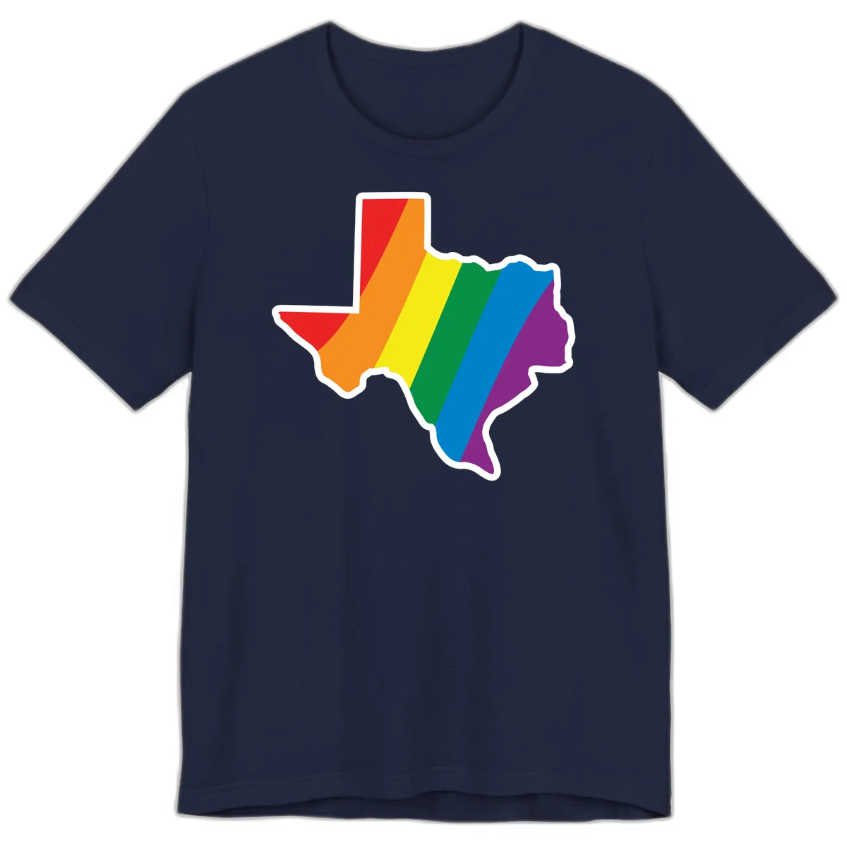 Texas state map filled with diagonal rainbow pride flag stripes in red, orange, yellow, green, blue, and purple with white border in Navy