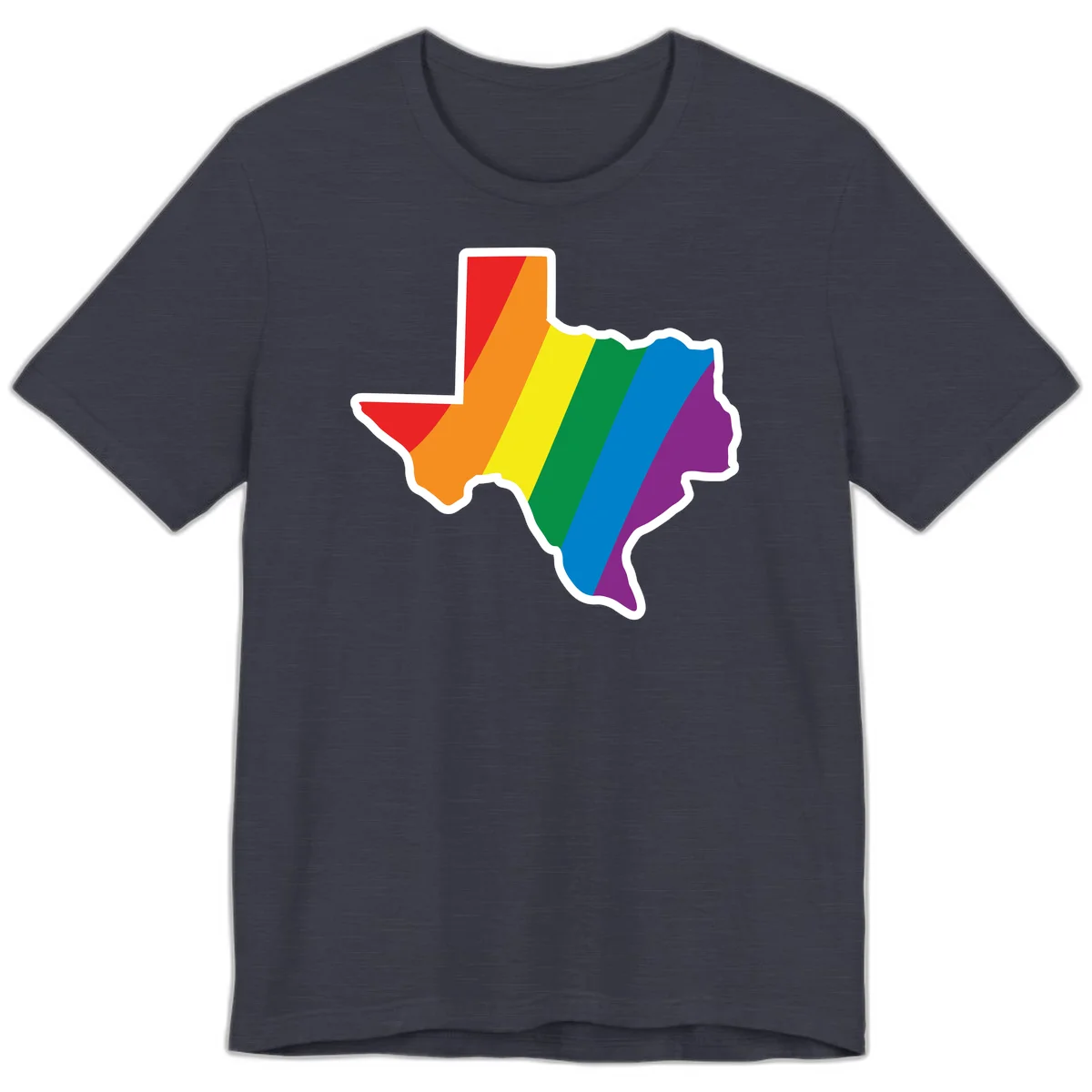 Texas state map filled with diagonal rainbow pride flag stripes in red, orange, yellow, green, blue, and purple with white border in Heather Midnight Navy