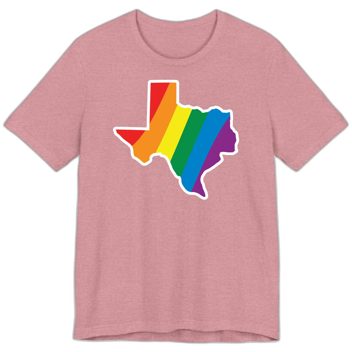 Texas state map filled with diagonal rainbow pride flag stripes in red, orange, yellow, green, blue, and purple with white border in Heather Orchid