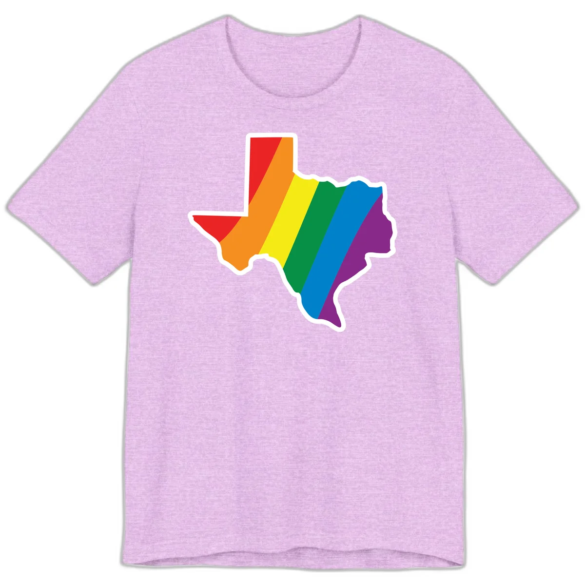 Texas state map filled with diagonal rainbow pride flag stripes in red, orange, yellow, green, blue, and purple with white border in Heather Prism Lilac