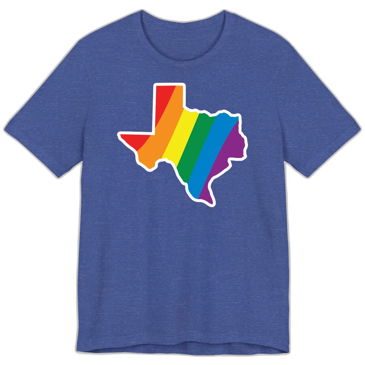 Texas state map filled with diagonal rainbow pride flag stripes in red, orange, yellow, green, blue, and purple with white border in Heather True Royal