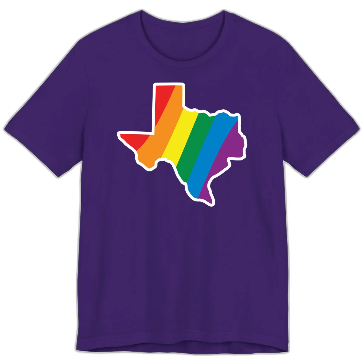 Texas state map filled with diagonal rainbow pride flag stripes in red, orange, yellow, green, blue, and purple with white border in Team Purple