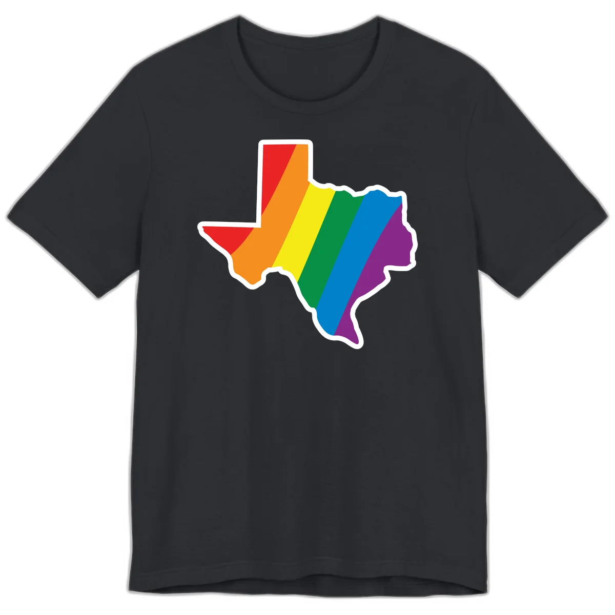 Texas state map filled with diagonal rainbow pride flag stripes in red, orange, yellow, green, blue, and purple with white border in Vintage Black