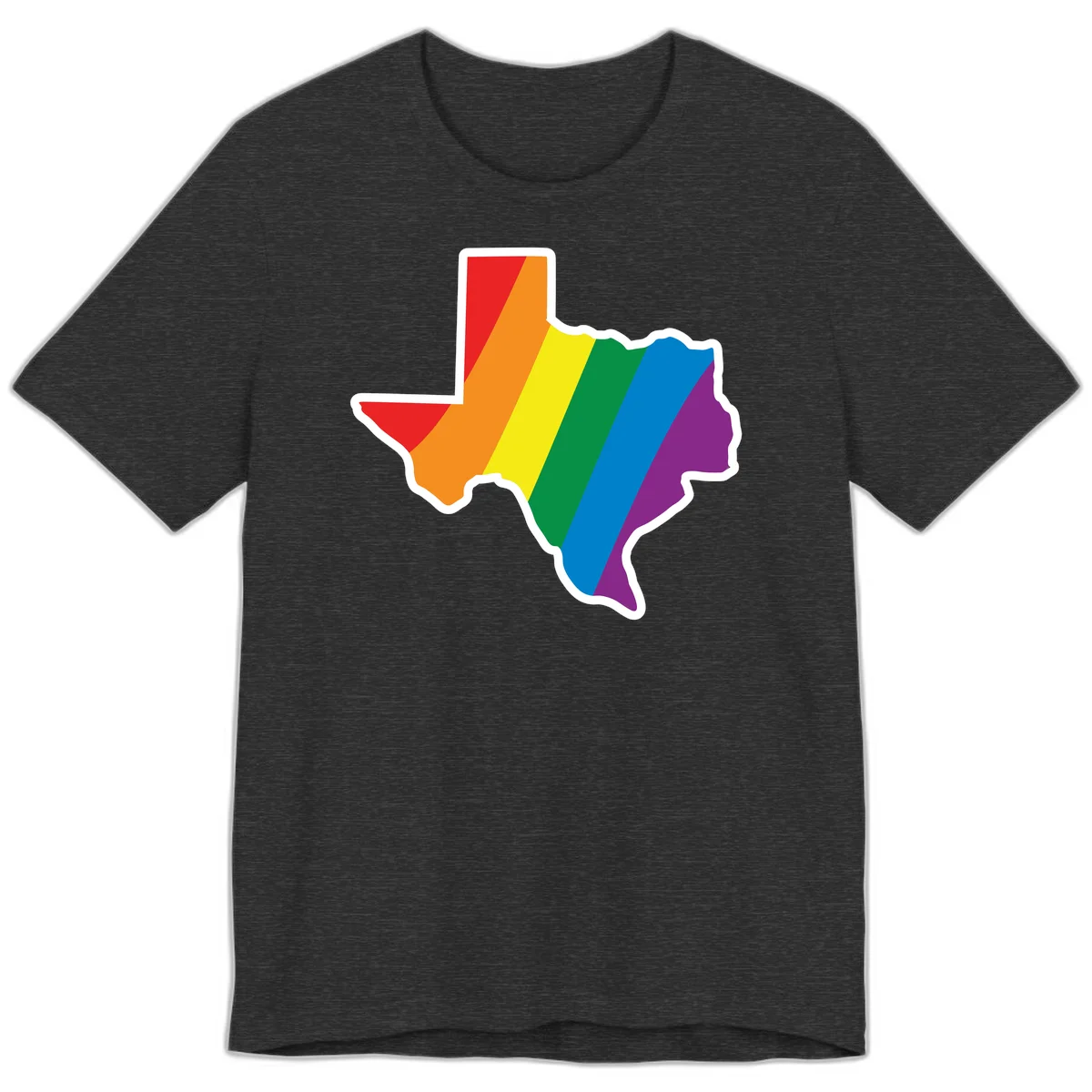 Texas state map filled with diagonal rainbow pride flag stripes in red, orange, yellow, green, blue, and purple with white border in Dark Grey Heather