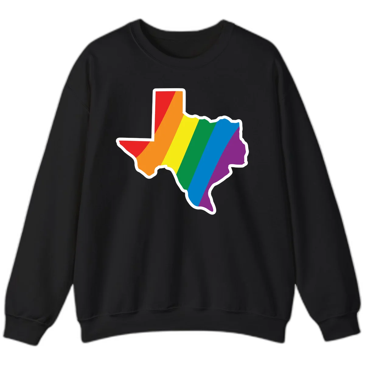 Texas state map filled with diagonal rainbow pride flag stripes in red, orange, yellow, green, blue, and purple with white border in Black