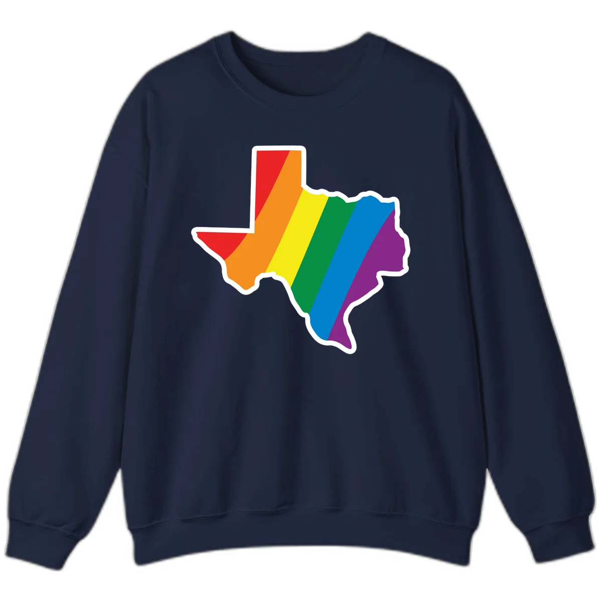 Texas state map filled with diagonal rainbow pride flag stripes in red, orange, yellow, green, blue, and purple with white border in Navy