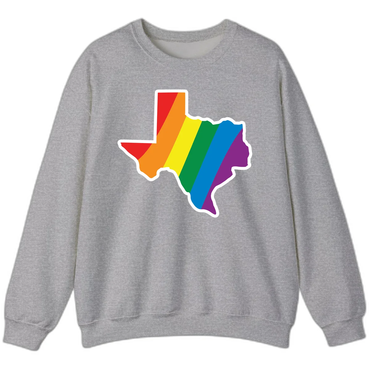 Texas state map filled with diagonal rainbow pride flag stripes in red, orange, yellow, green, blue, and purple with white border in Sport Grey