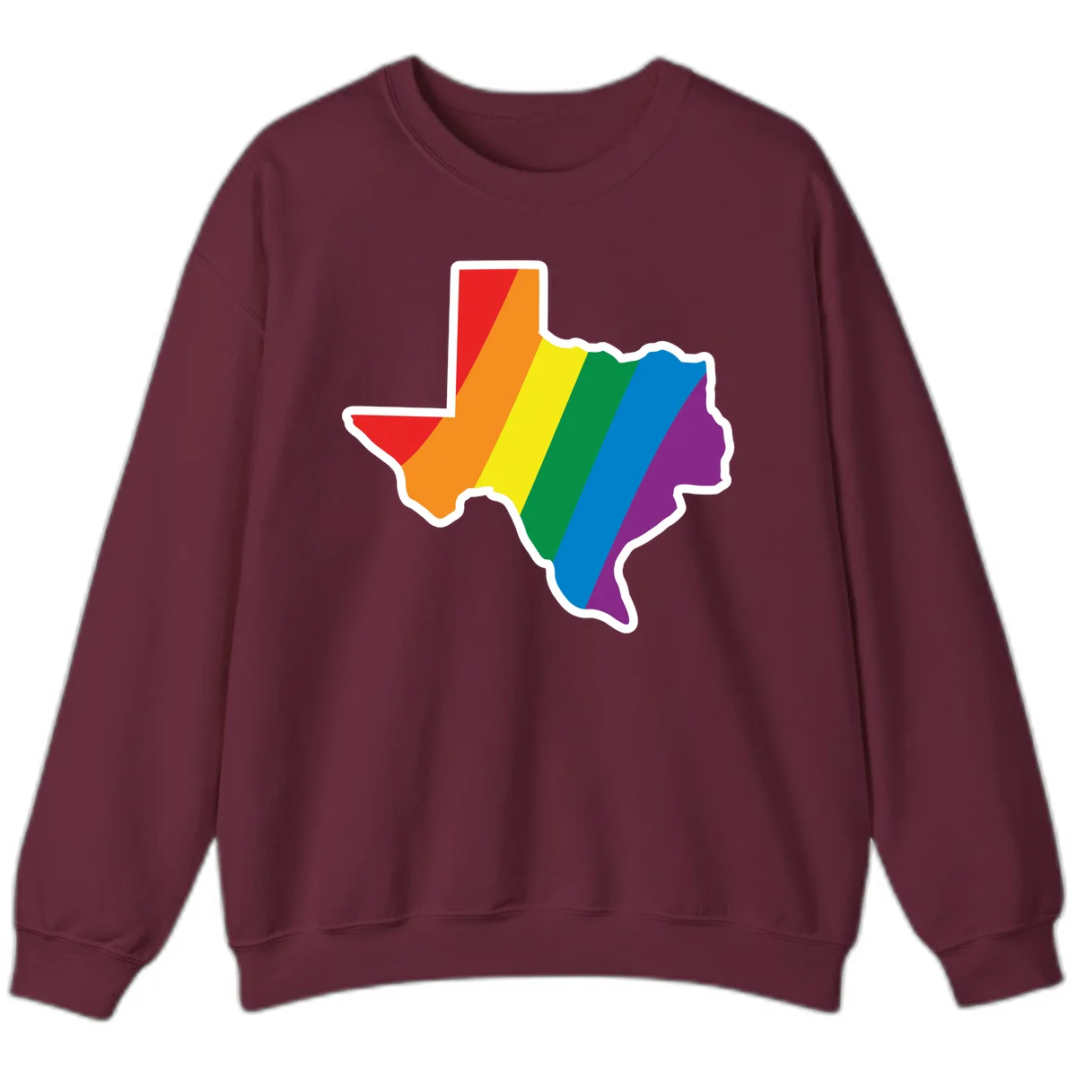 Texas state map filled with diagonal rainbow pride flag stripes in red, orange, yellow, green, blue, and purple with white border in Maroon