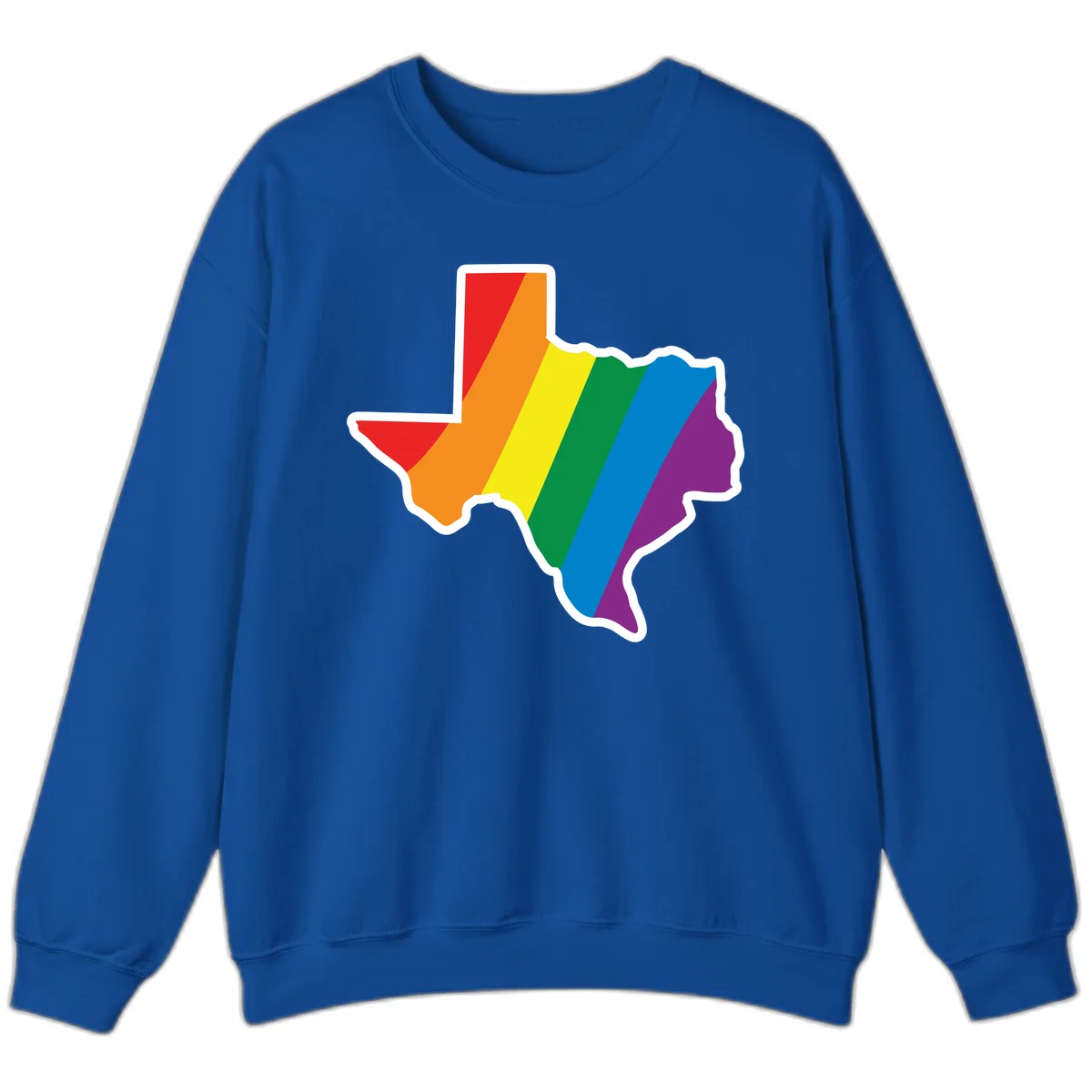 Texas state map filled with diagonal rainbow pride flag stripes in red, orange, yellow, green, blue, and purple with white border in Royal