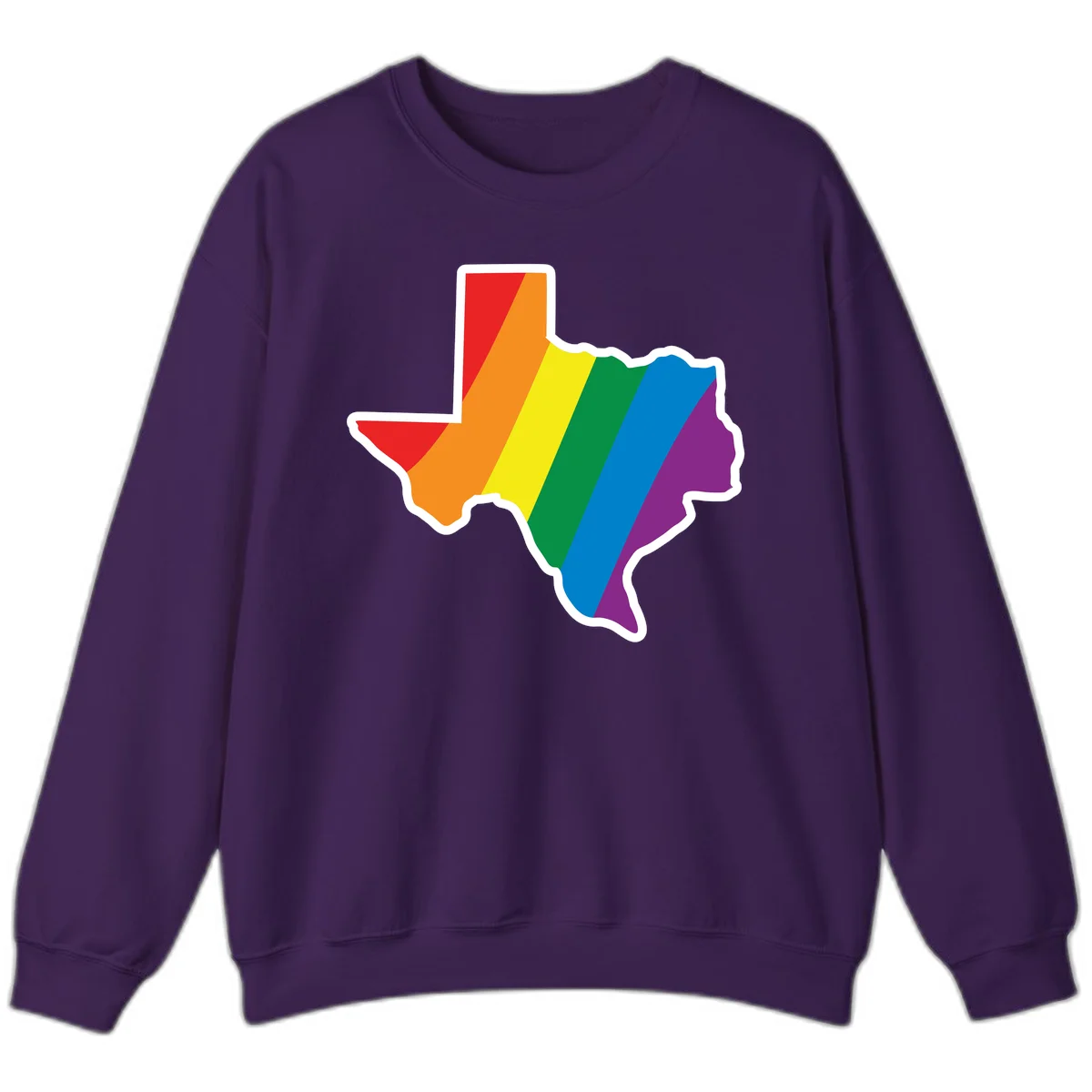 Texas state map filled with diagonal rainbow pride flag stripes in red, orange, yellow, green, blue, and purple with white border in Purple