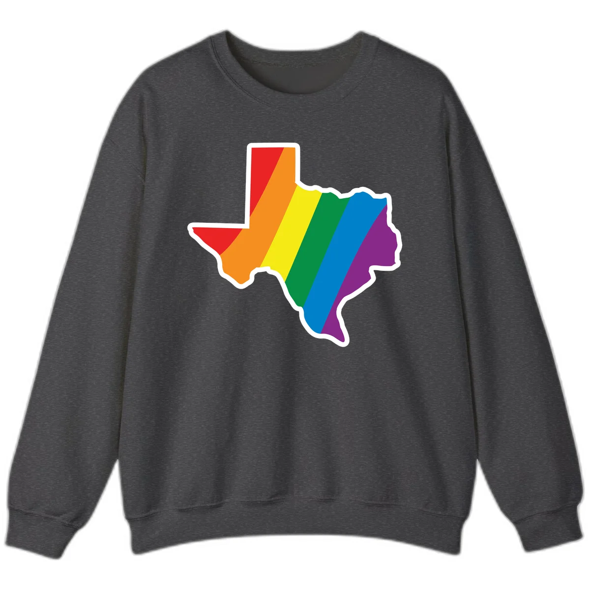 Texas state map filled with diagonal rainbow pride flag stripes in red, orange, yellow, green, blue, and purple with white border in Dark Heather